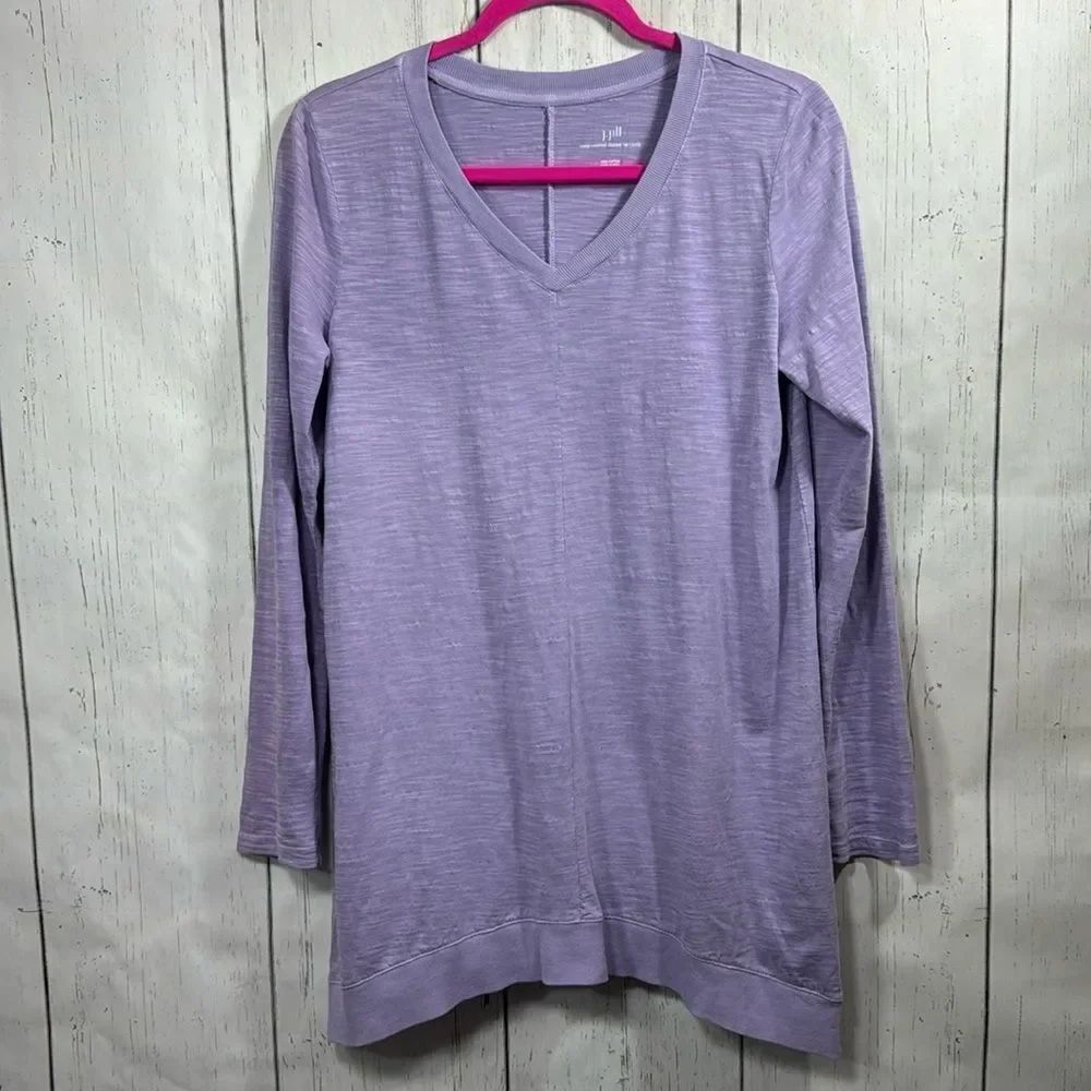J. Jill Purple Slub Cotton Tunic Top V Neck Long Sleeve Dipped Hem Size S